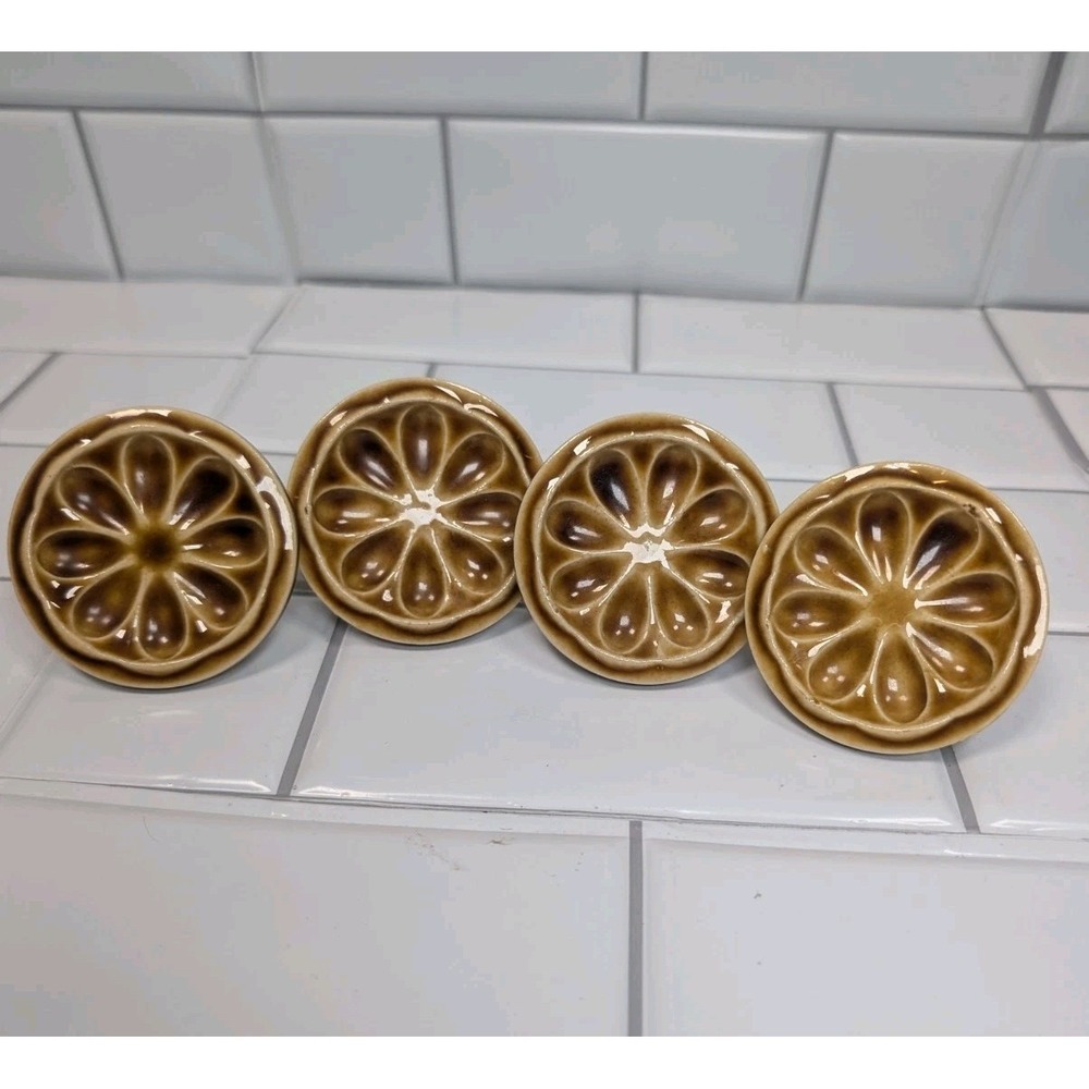 4 Vintage MCM 60s Brown Flower Ceramic Dresser Drawer Pull Kitchen Knobs 3"